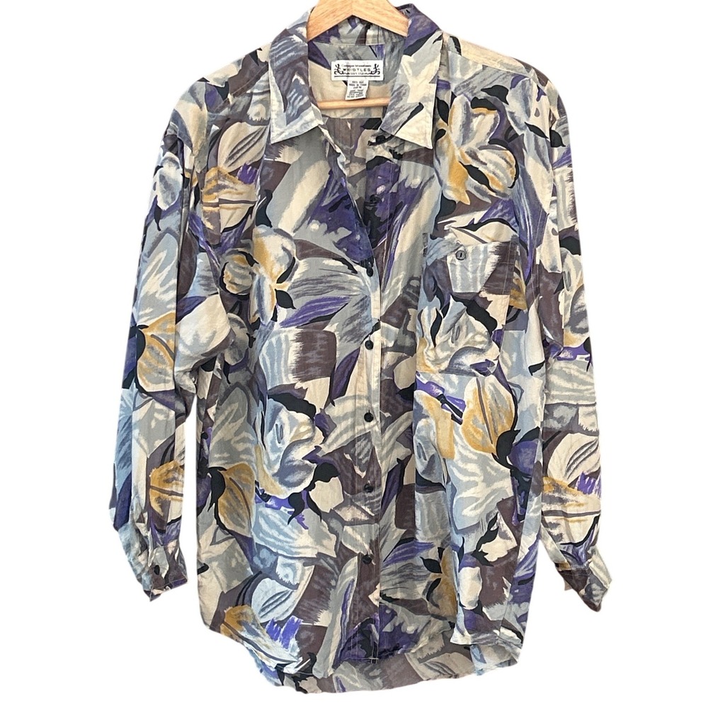 Vintage Whistles Silk Floral Blouse Abstract Painterly Print 90s Button Artist